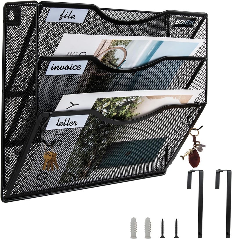 BOHDK Wall File Organizer, 3 Tire Hanging File Folder Mail Organizer, Vertical Mesh Metal Door/Wall Mount Hanging File Holder, Paper Document Magazine Rack with Hooks for Home Office Black - Image 1